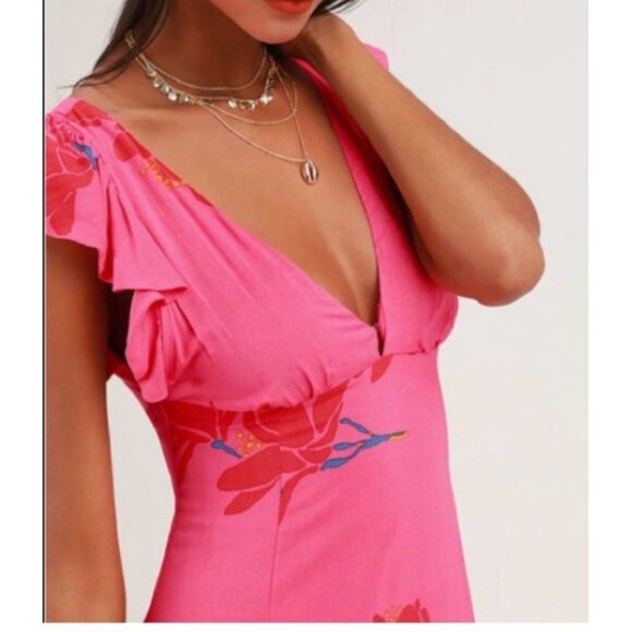 Free People Tropical Hawaiian Hibiscus Hot Pink Floral Maxi  Drtess Sz 4 # 1513 - Picture 2 of 13